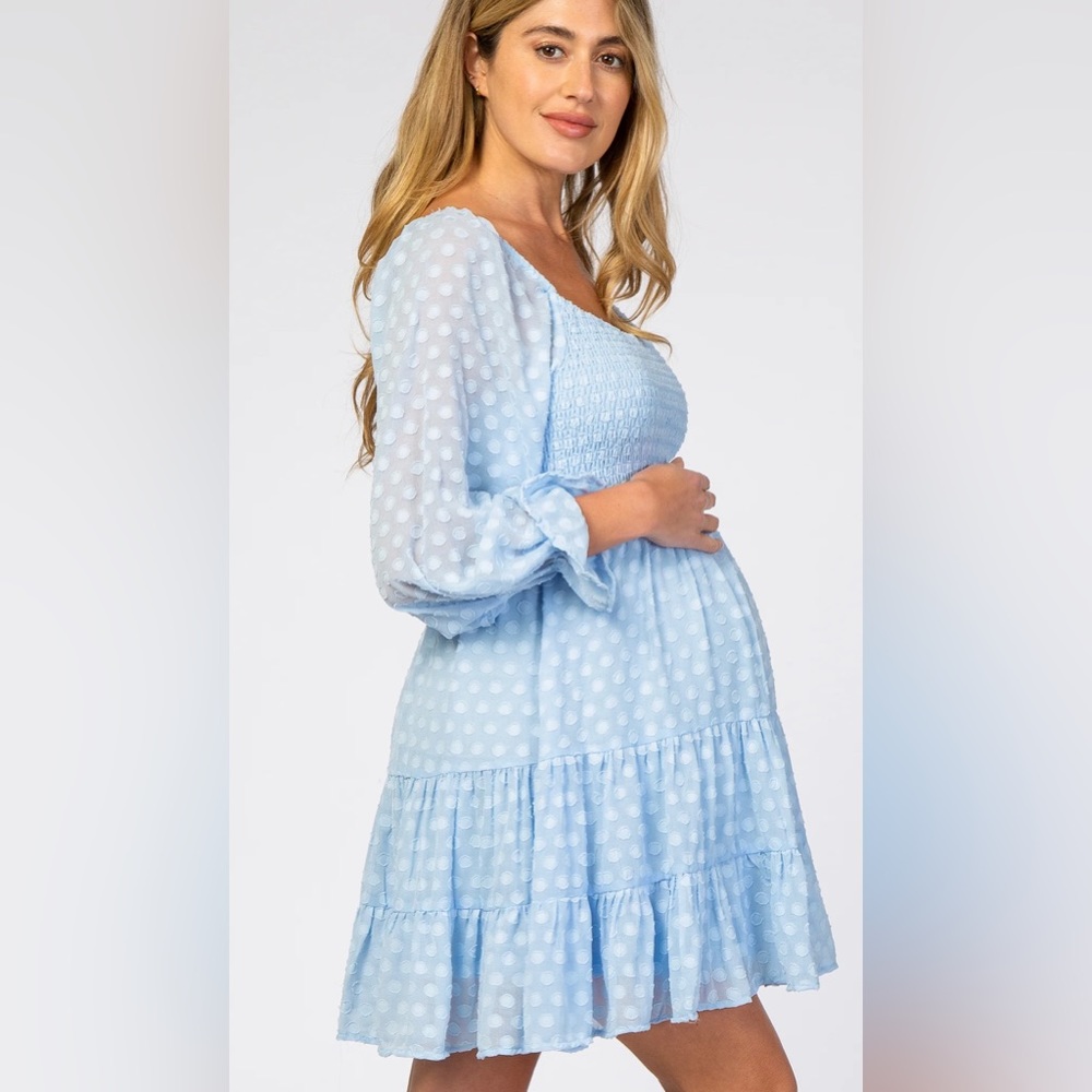 PinkBlush chiffon polka dot smocked long sleeve maternity dress nwot